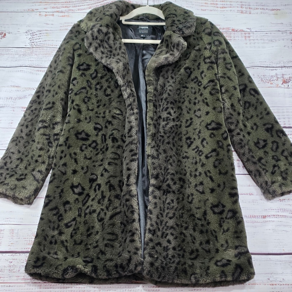 Cisono Faux Fur Coat Women S Olive Leopard Excellent Animal Print Mid Length